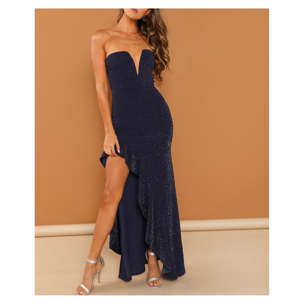 Blue Glitter Bandeau Asymmetrical Ruffle Dress
